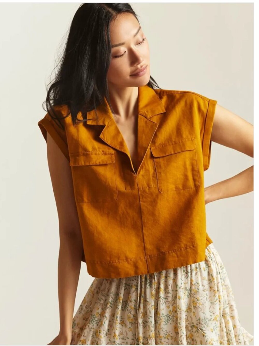 Anthropologie Collared Cropped Short Sleeve Top, Marigold, XS